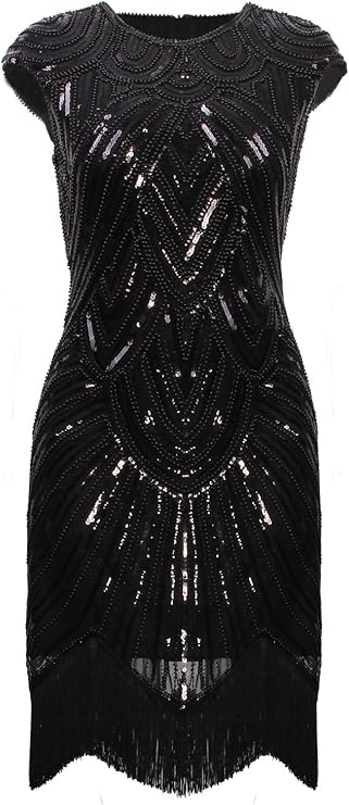 Women's Black Gatsby Sequin Flapper 1920s Charleston Dress