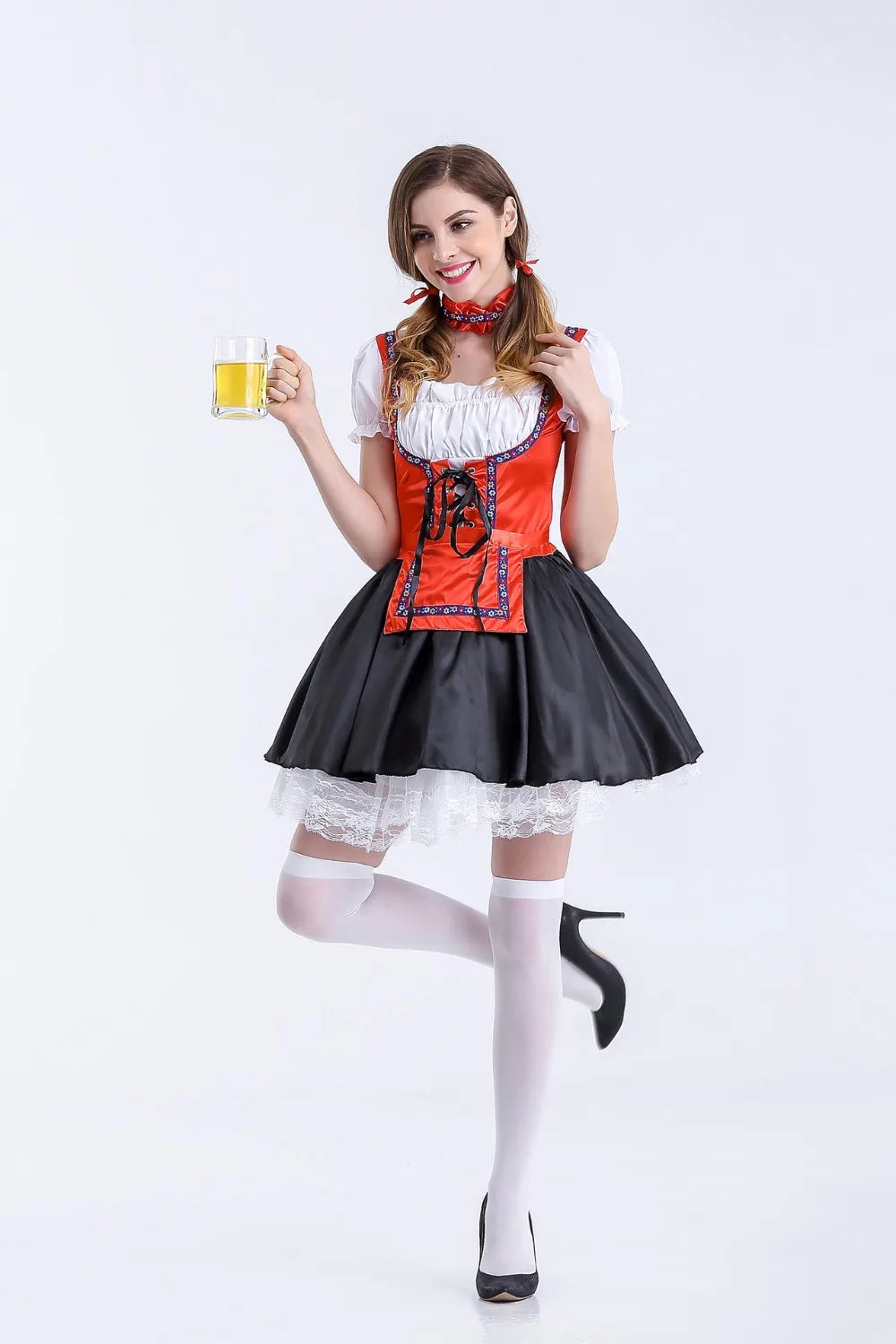 Women's Oktoberfest Bavarian Beer Maid Satin Red and Black Petticoat Dress