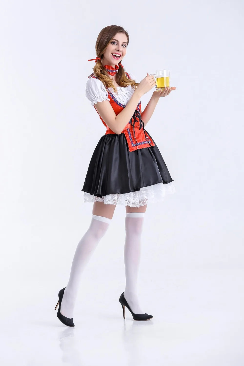 Women's Oktoberfest Bavarian Beer Maid Satin Red and Black Petticoat Dress – view 4