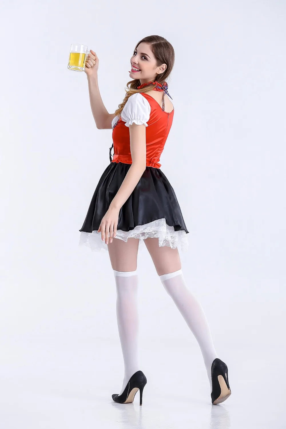 Women's Oktoberfest Bavarian Beer Maid Satin Red and Black Petticoat Dress – view 3