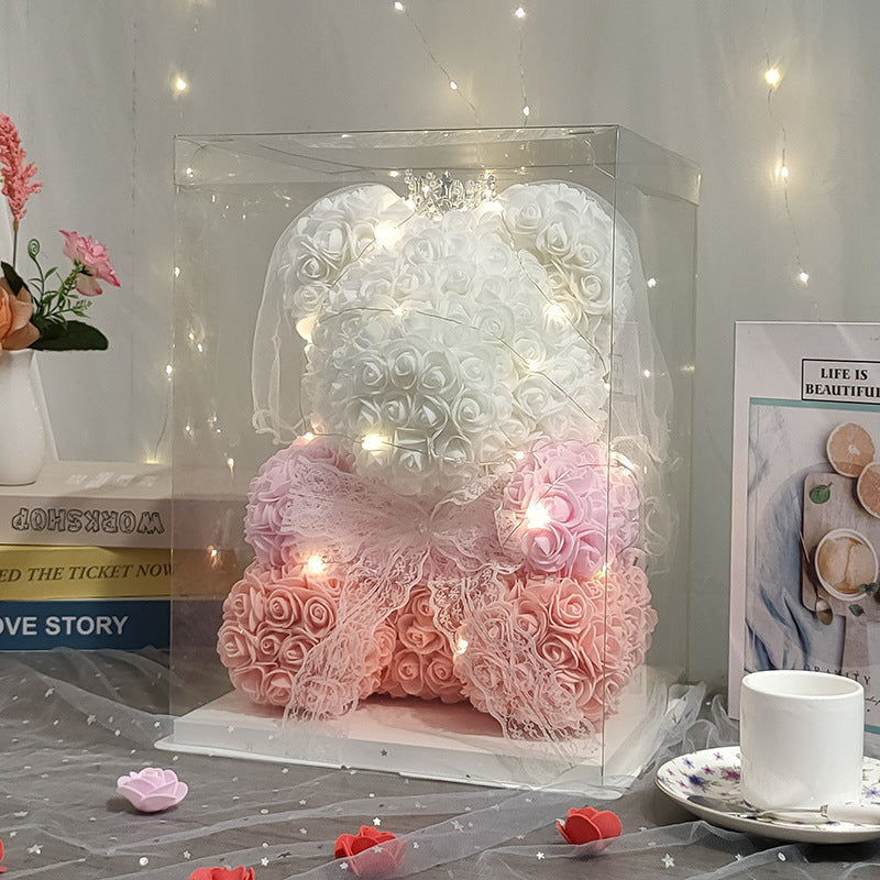 Pink Ombre White Flower Teddy Bear with LED Light and Gift Box 25cm