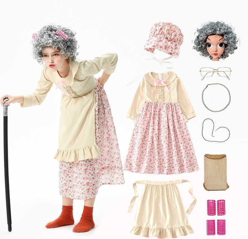 Girls Beige Old Lady Granny Costume