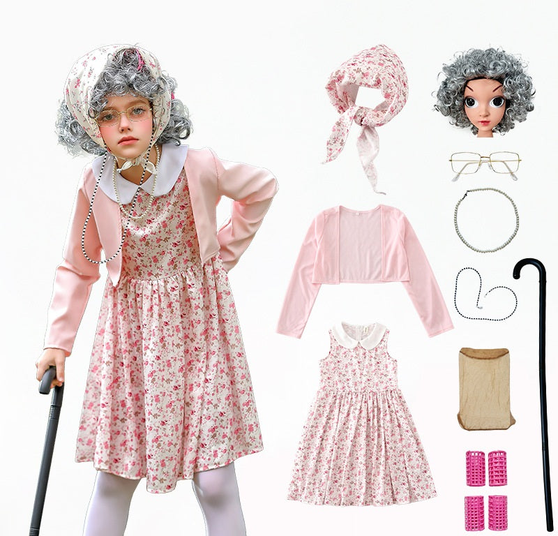 Girls Pink Old Lady Granny Costume