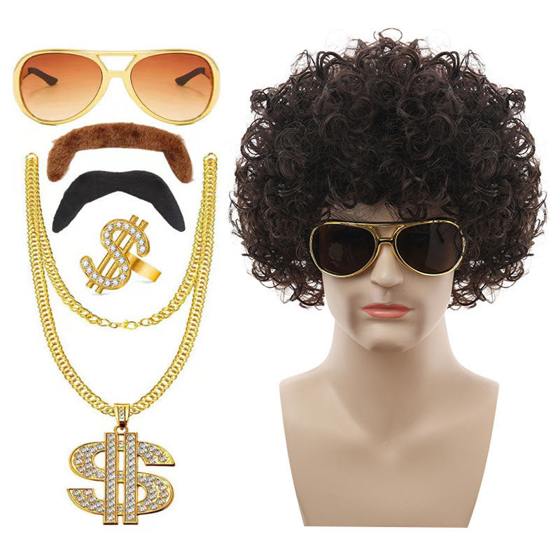 70s 80s Disco Brown Wig Glasses Necklace Ring Hippie Pimp Set