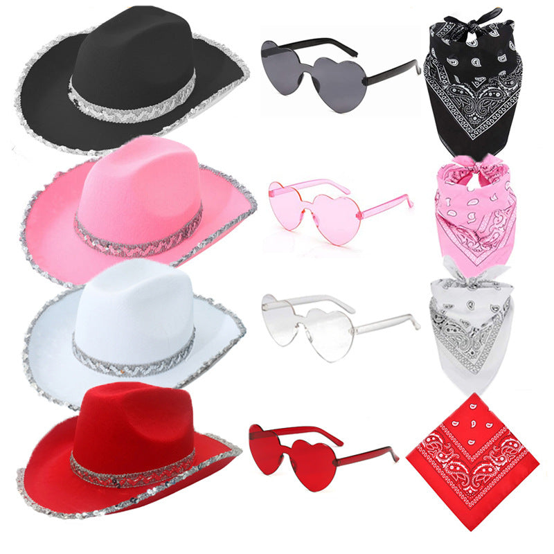 3 Piece Cowgirl Hat, Bandana & Glasses Set