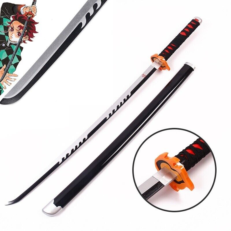 Anime Demon Hunter Flame Pattern Black Blade Wooden Sword