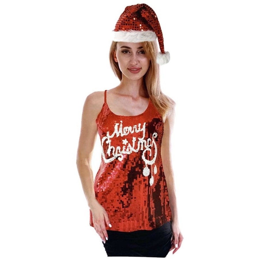 Adult Merry Christmas Sequin Red Singlet