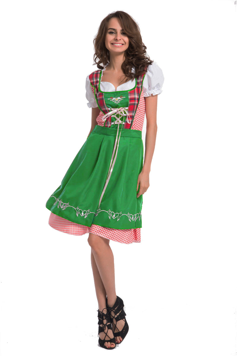 Women's Oktoberfest Beer Maid Red Checked Green Apron Dress – view 3