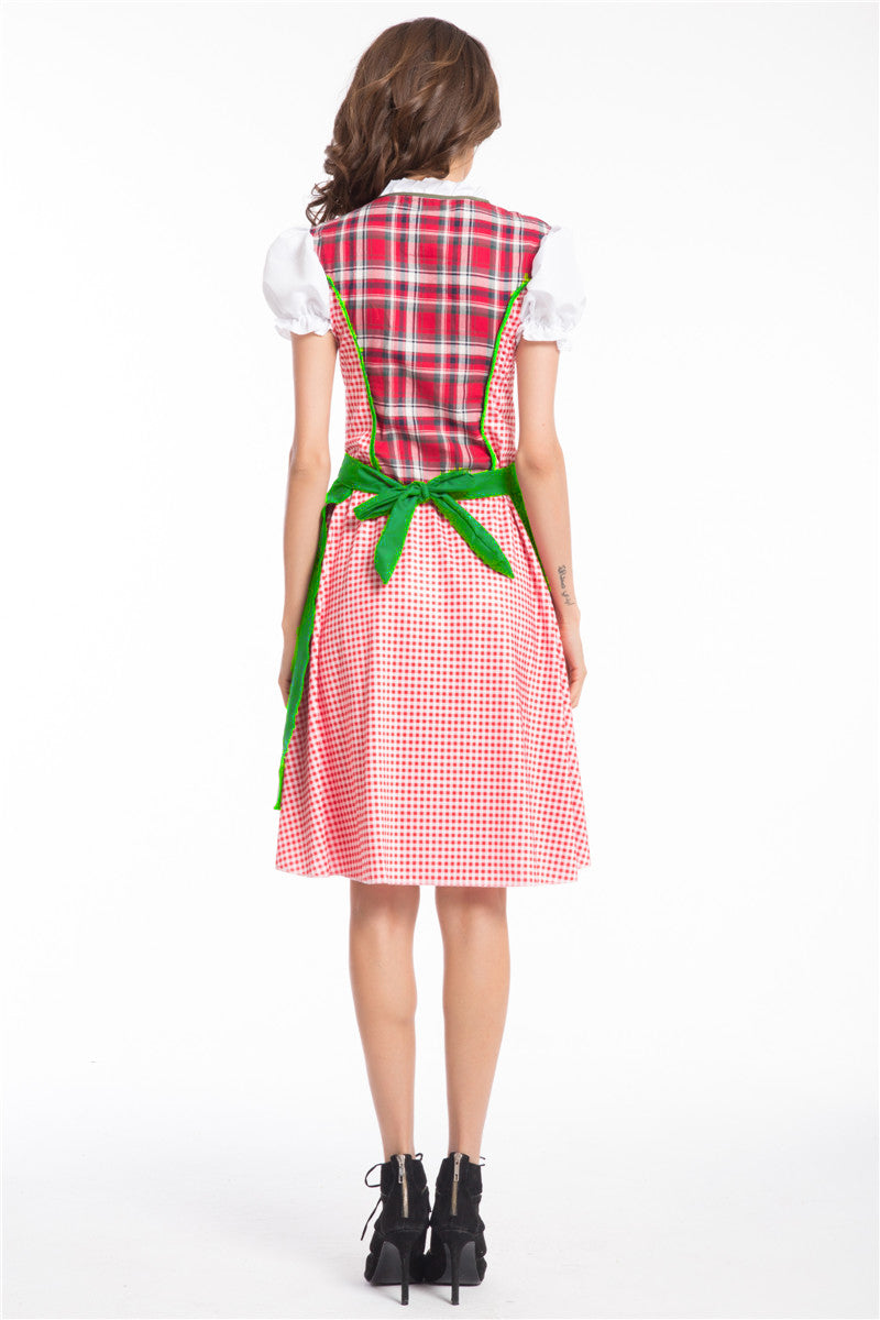 Women's Oktoberfest Beer Maid Red Checked Green Apron Dress – view 2