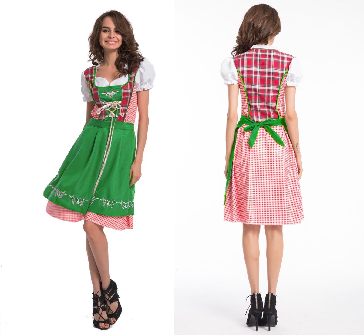 Women's Oktoberfest Beer Maid Red Checked Green Apron Dress