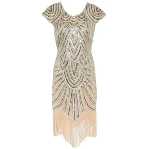 Women's Beige Gatsby Sequin Flapper 1920s Charleston Dress