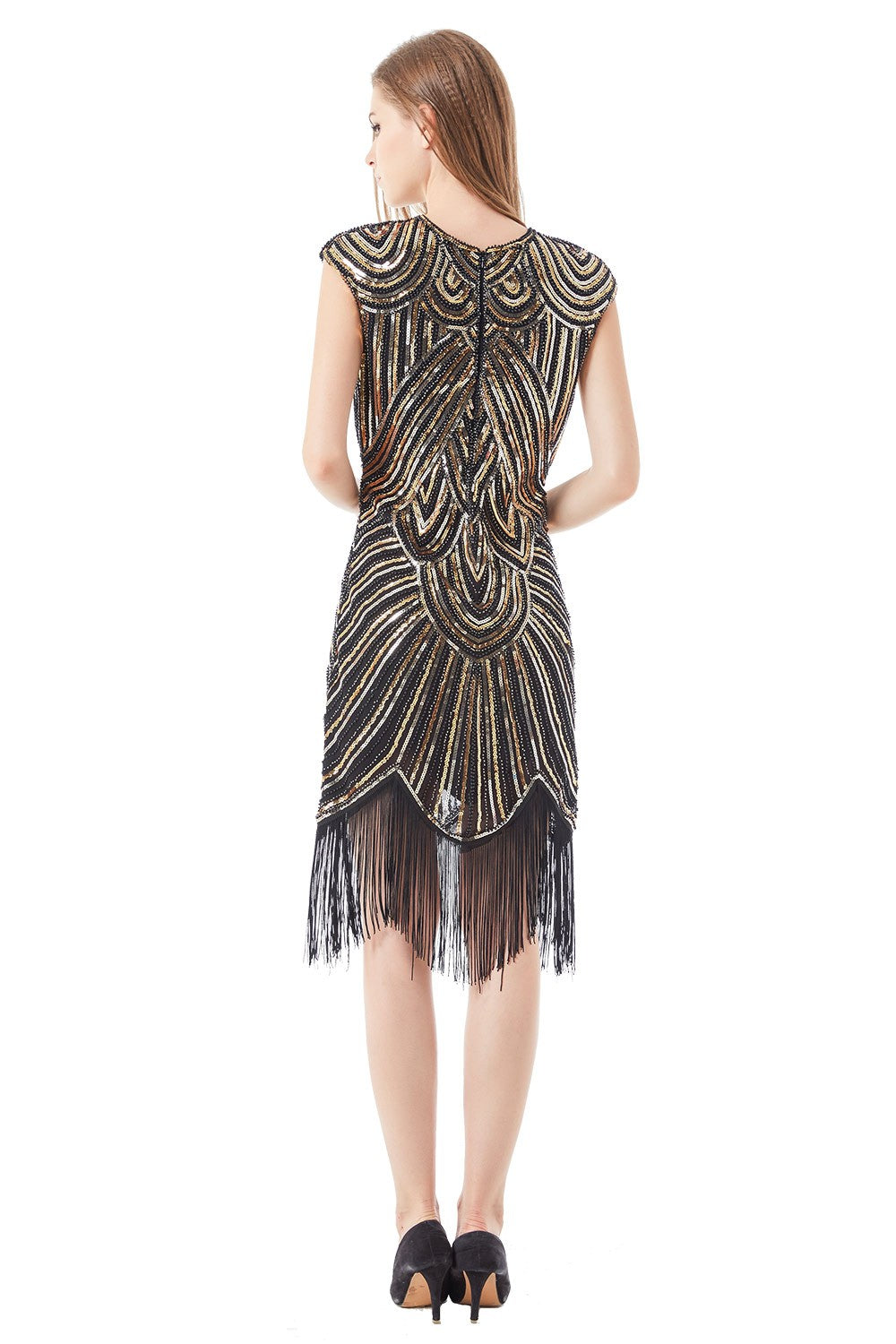 Women's Black Gold Gatsby Sequin Flapper 1920s Charleston Dress – view 3