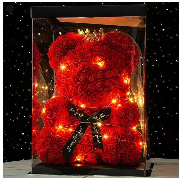 Red Rose Flower Teddy Bear with LED Light and Gift Box 25cm