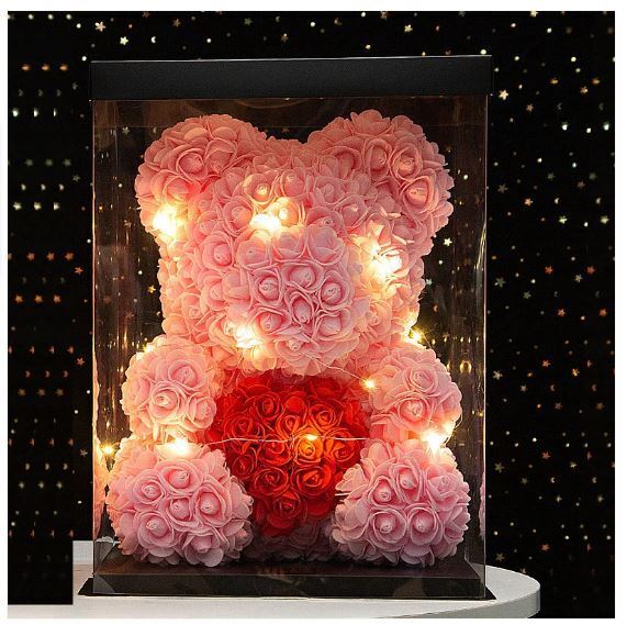 Pink Rose Flower Teddy Bear with LED Light and Gift Box 25cm