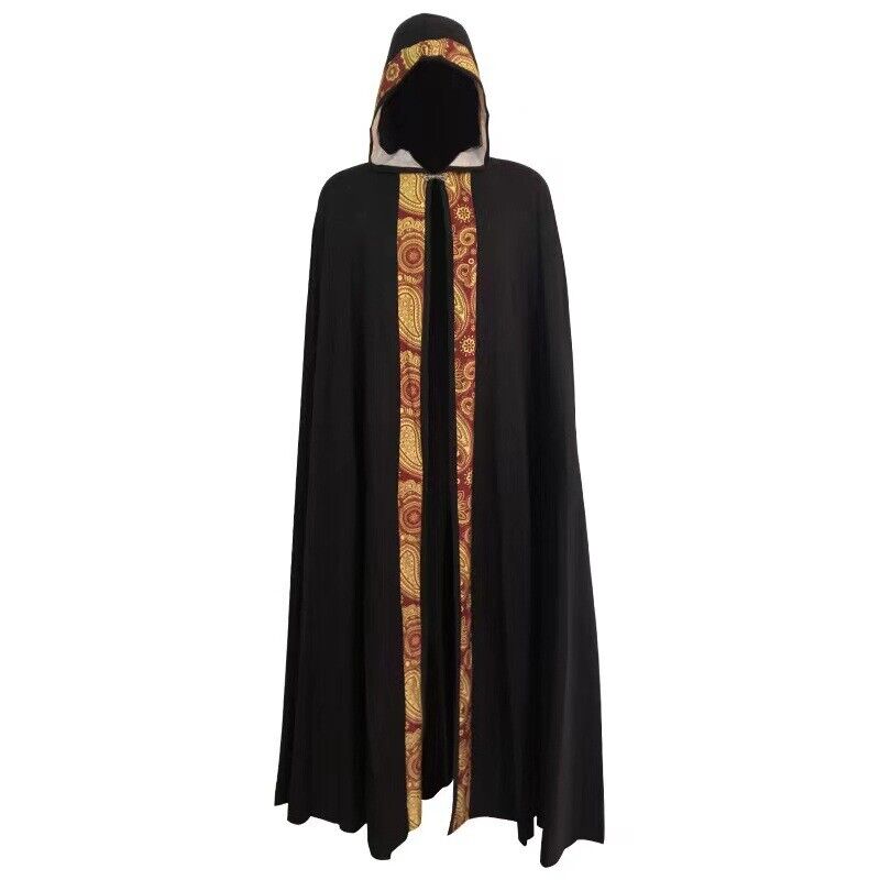 Adult Renaissance Medieval Black Hooded Long Robe Cloak