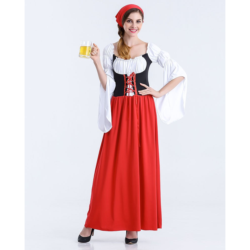 Women's Oktoberfest Bavarian Beer Wench Maid Long Red Dress