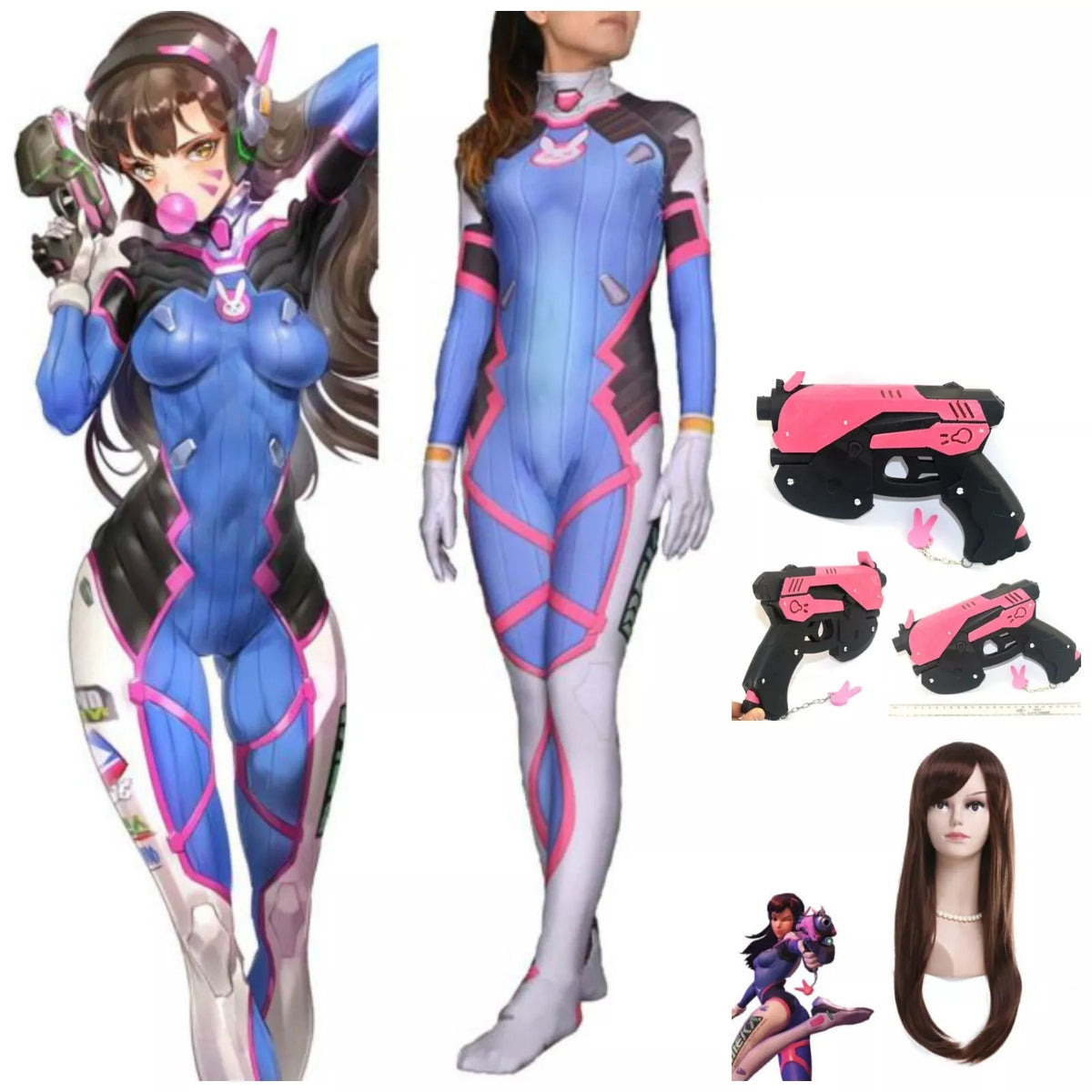 Pink Mecha Pilot Bodysuit Costume with Wig & Toy Blaster Cosplay