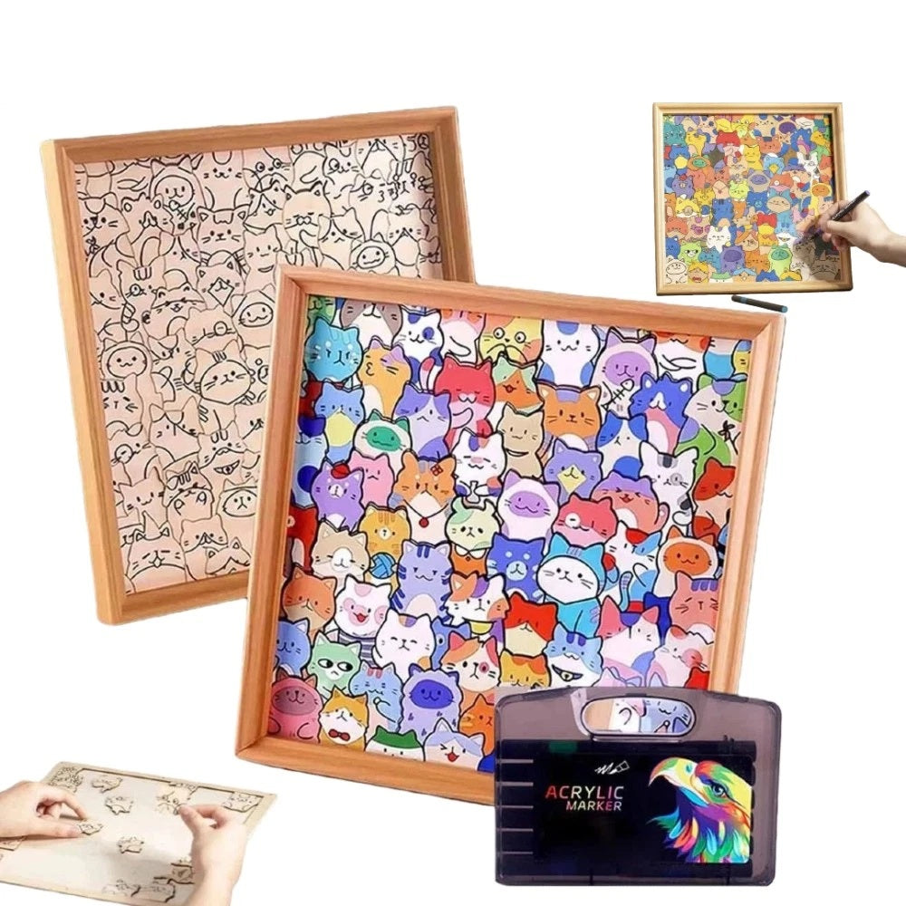 DIY Colour-In Wooden Cat Puzzle with Frame & Markers