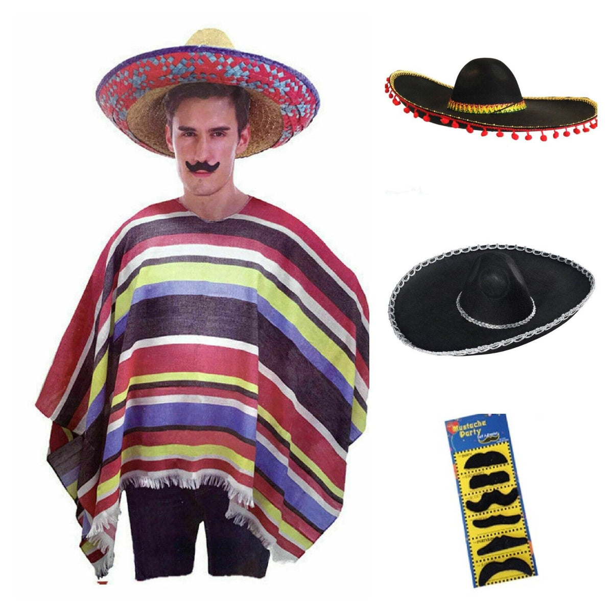 Mexican Poncho Sombrero Set Spanish Wild West